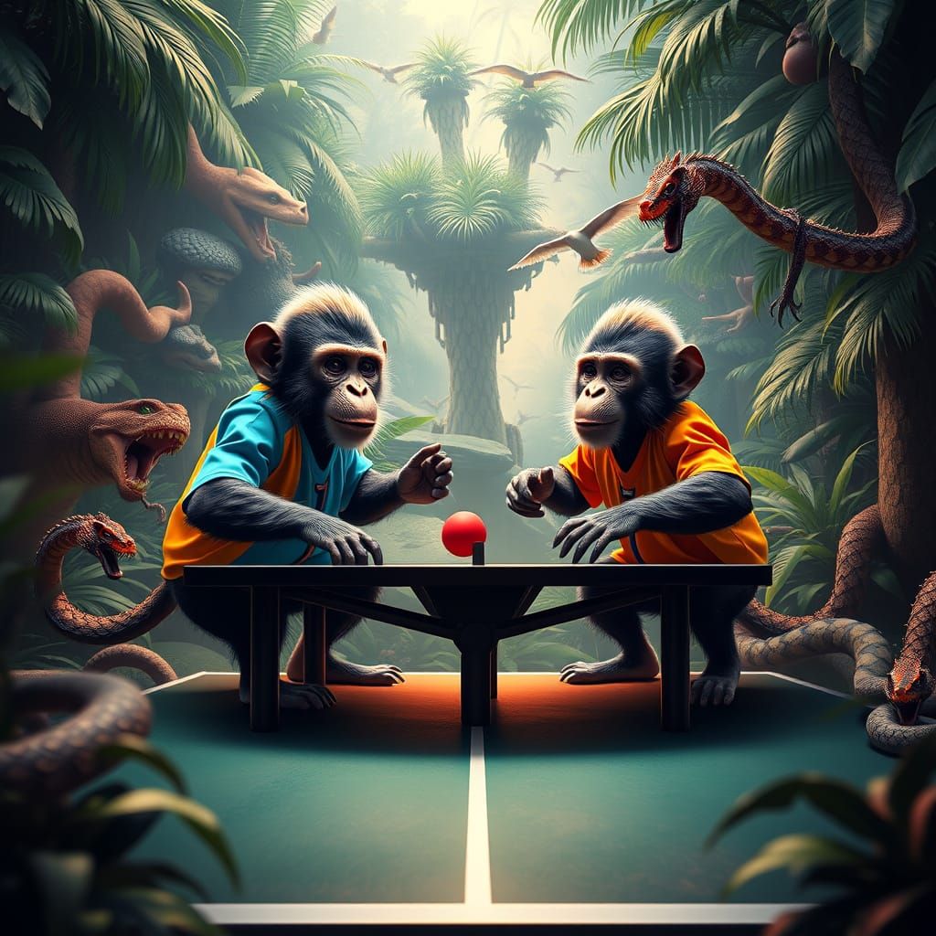Vibrant Jungle Table Tennis Match with Agile Monkeys and Exo...