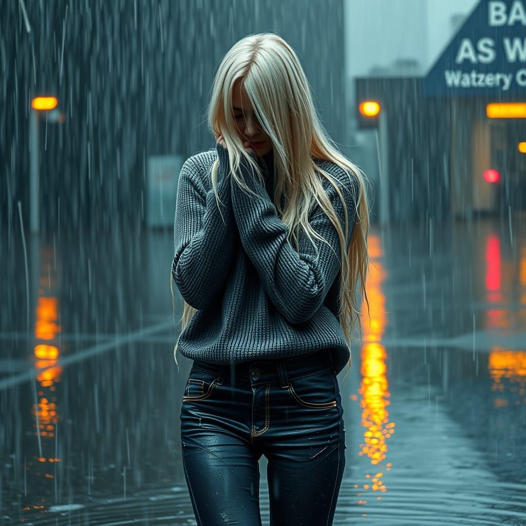 Young Woman in Torrential Downpour, High-Fantasy Style