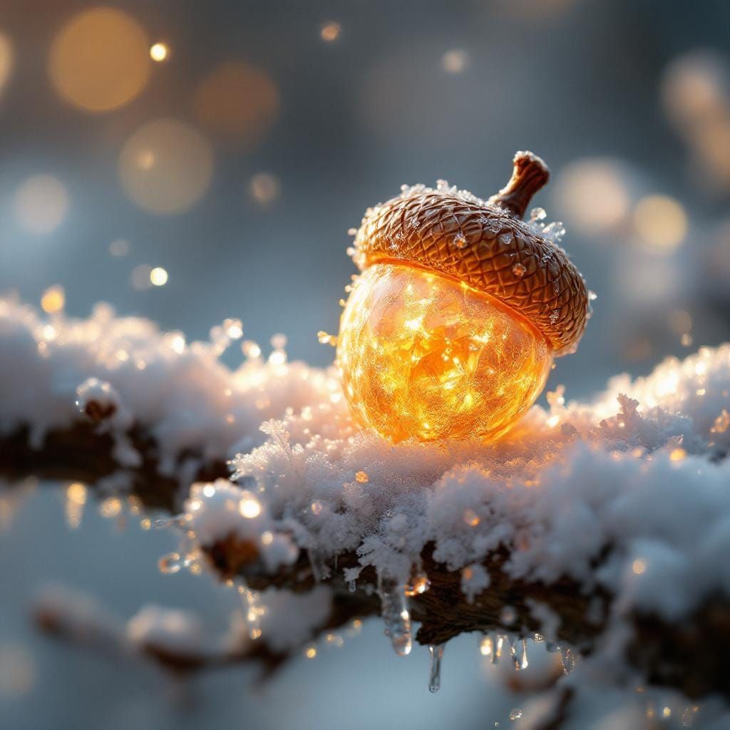 Glowing Crystalline Acorn in Winter Landscape