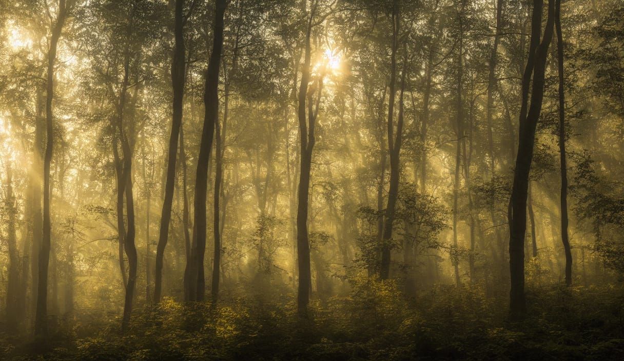 Realistic Volumetric Lighting in a Mystical Forest Landscape