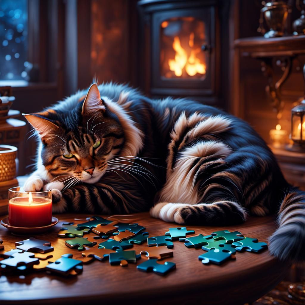 Annoyed Woman Watches Cat Sleep on Puzzle