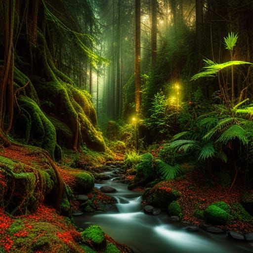 Enchanted elf kingdom in mysterious Pacific Northwest rainforest at night intricate details, HDR, beautifully shot, hype...