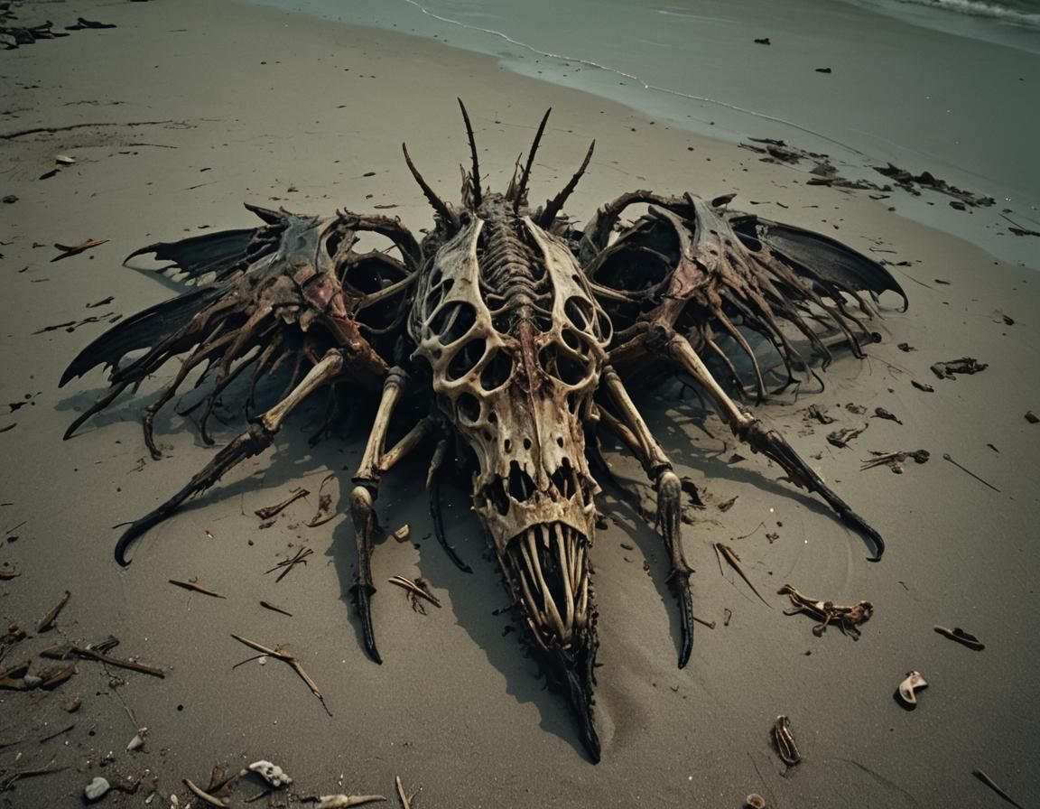 Hyperrealistic Insectoid Carcass on Beach at Night