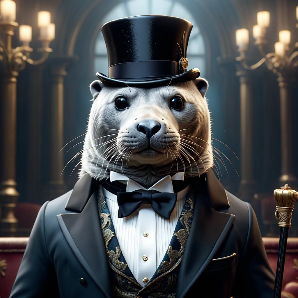 Grey Seal in Tuxedo: Detailed Fantasy Concept Art