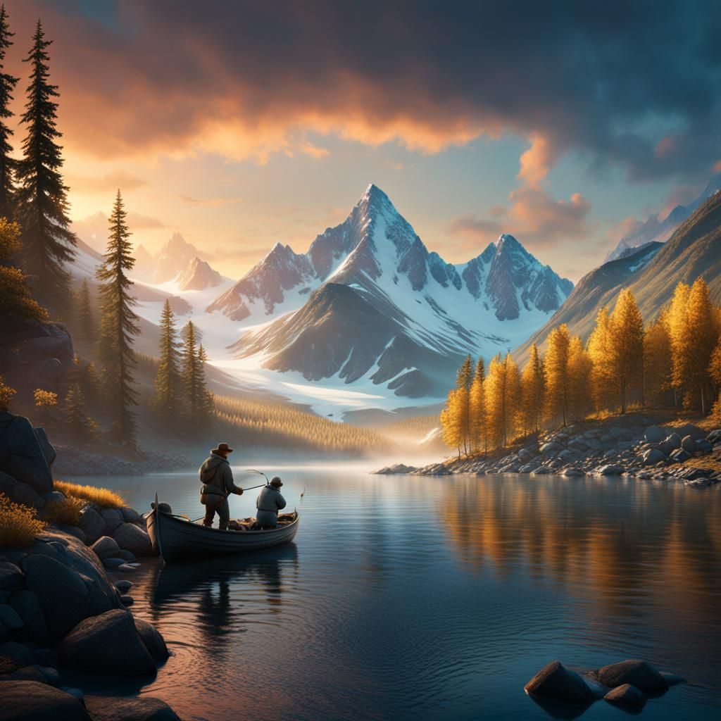 Alaskan Fisherman Catching Fish with Mountain View