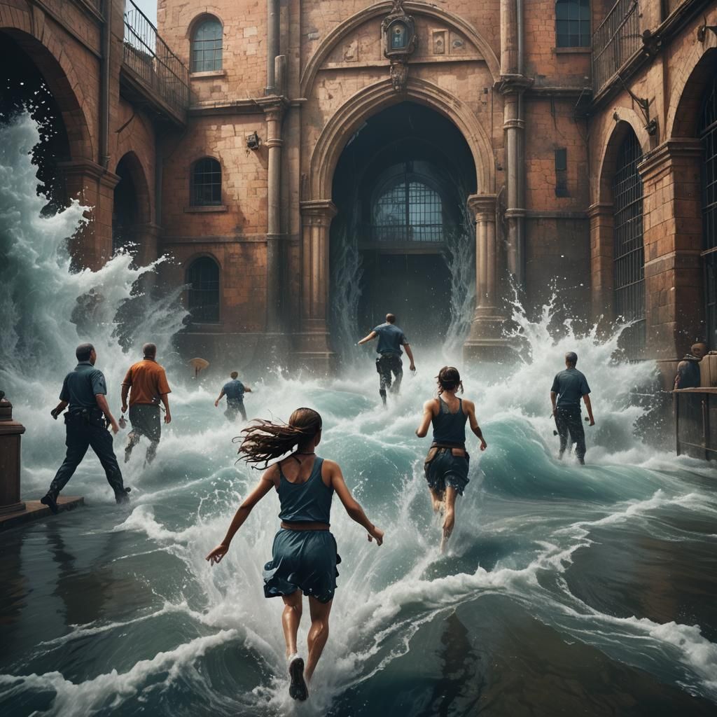 Woman Escaping Flood Under Guard's Watch