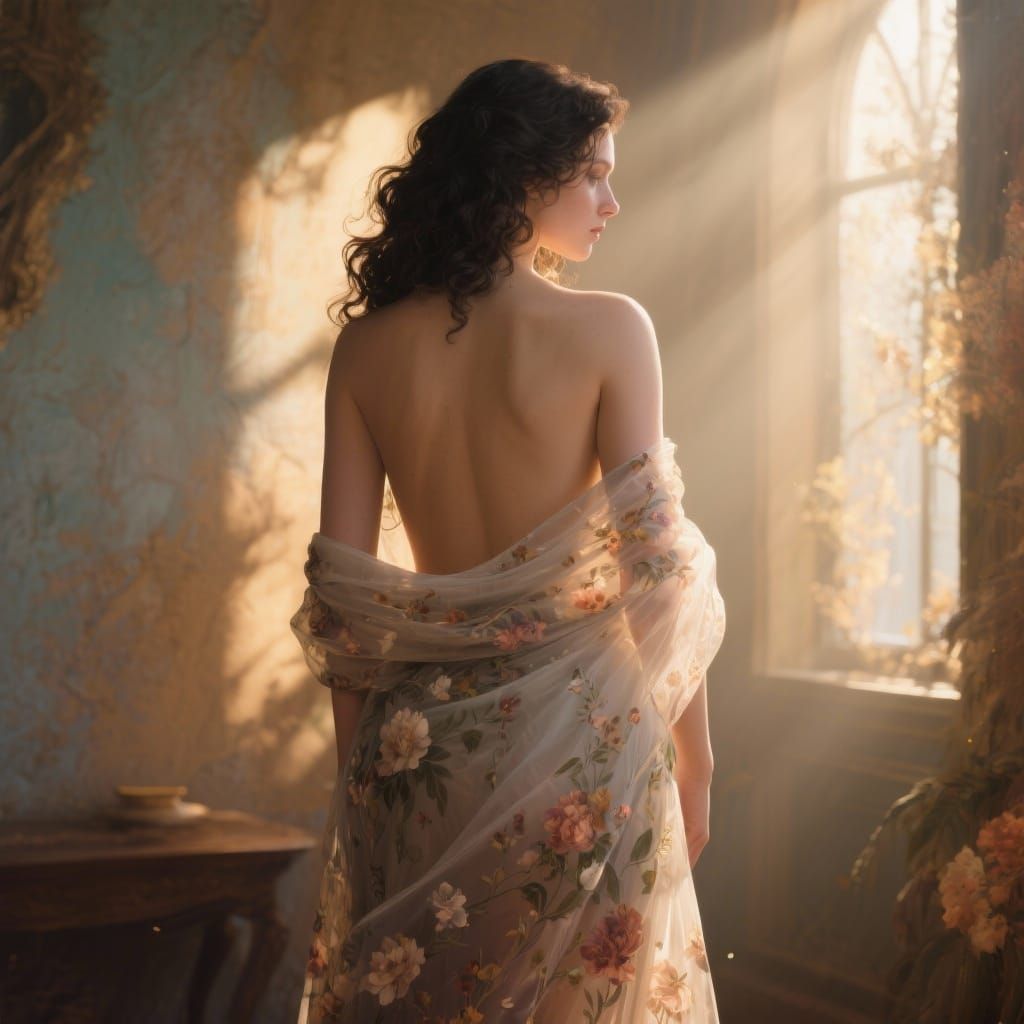 Graceful Woman Bathed in Sunlight, Dark Curls, Floral Wrap