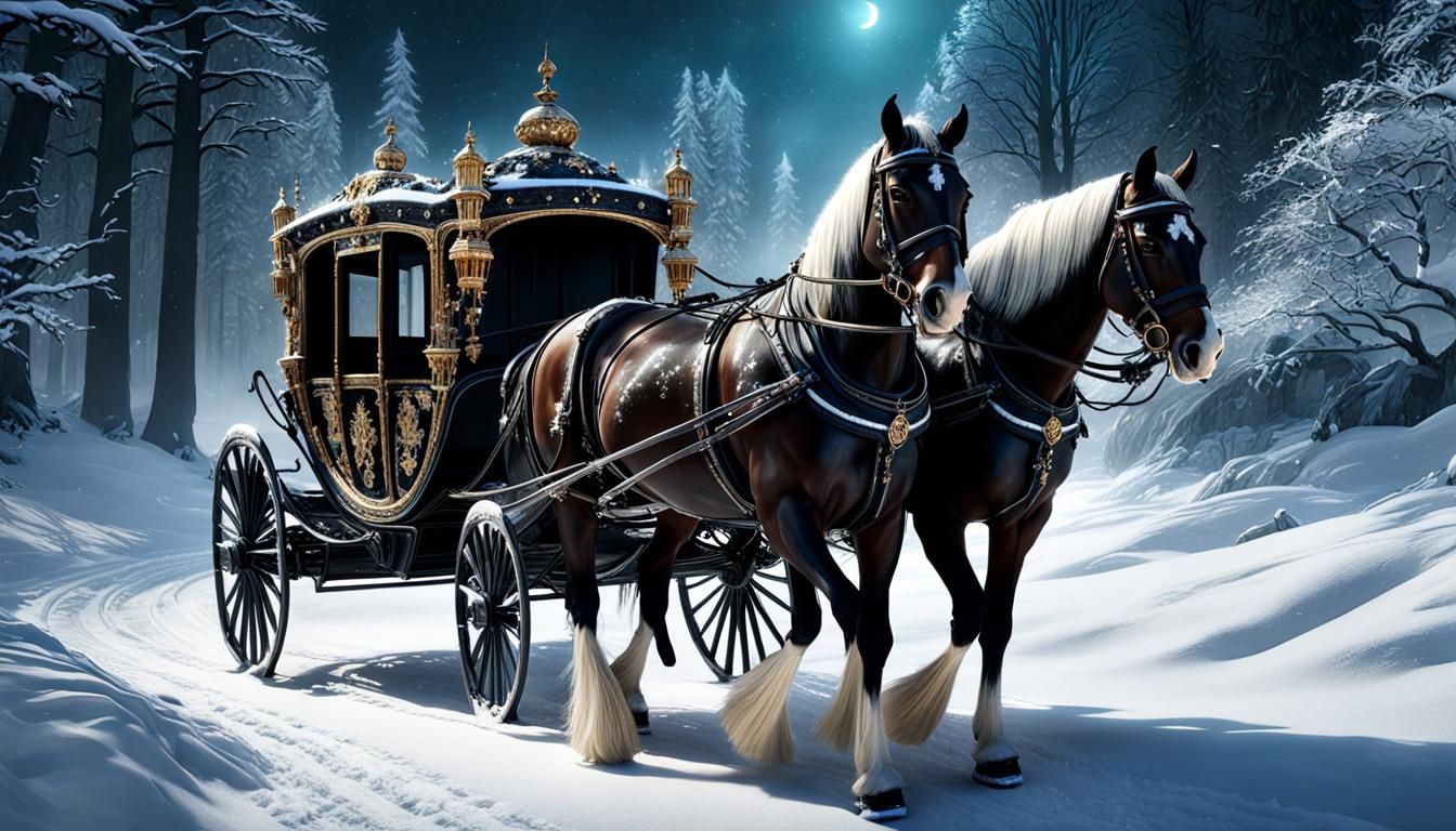 Elaborate Horse-Drawn Carriage in Winter Wonderland
