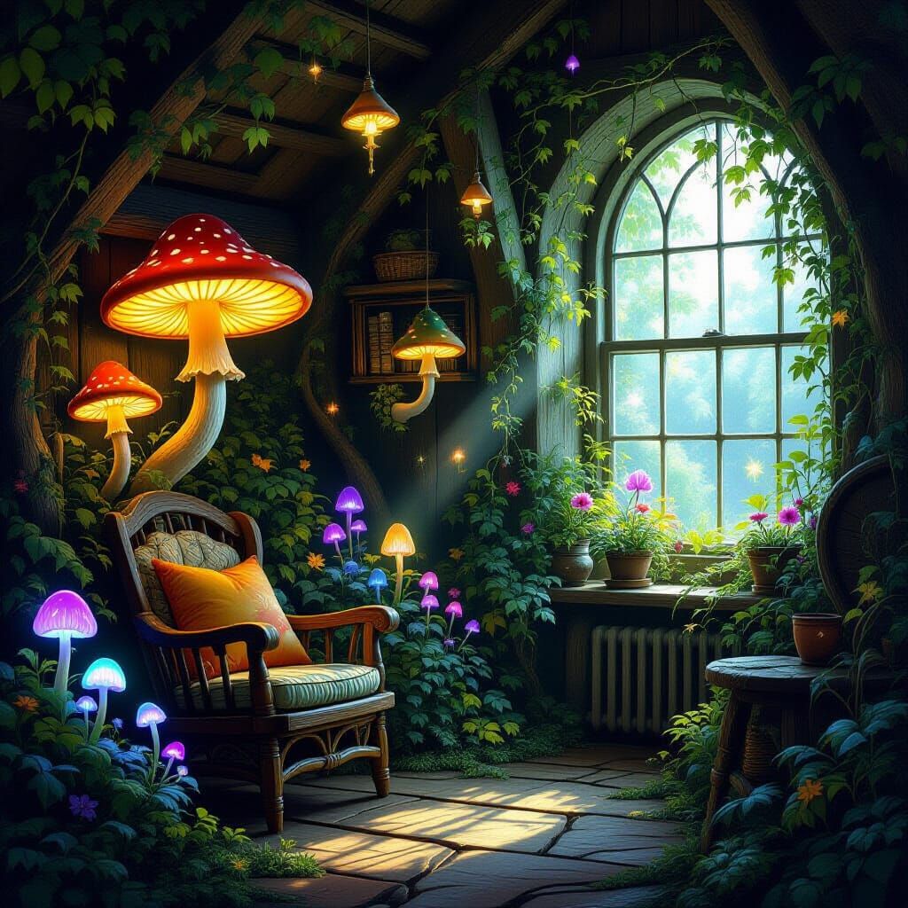 Enchanted Forest Flora in Cozy Cottage, Magical Realism
