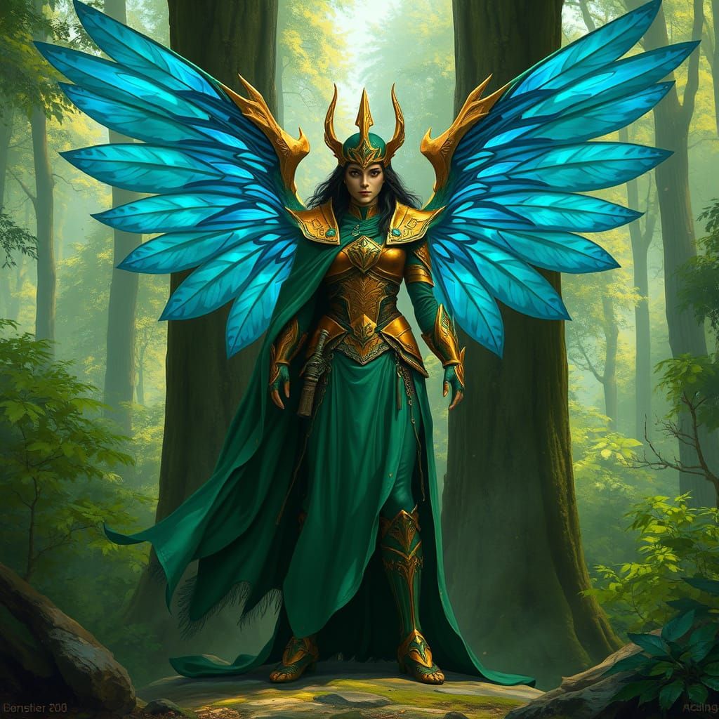 Armored Shaman with Wings in Lush Forest