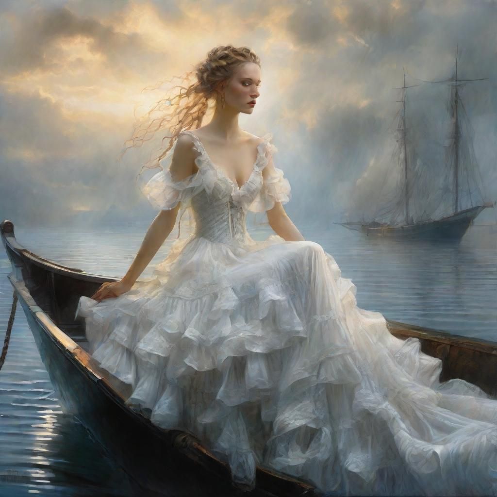 Victorian Woman on Misty Boat at Sunset
