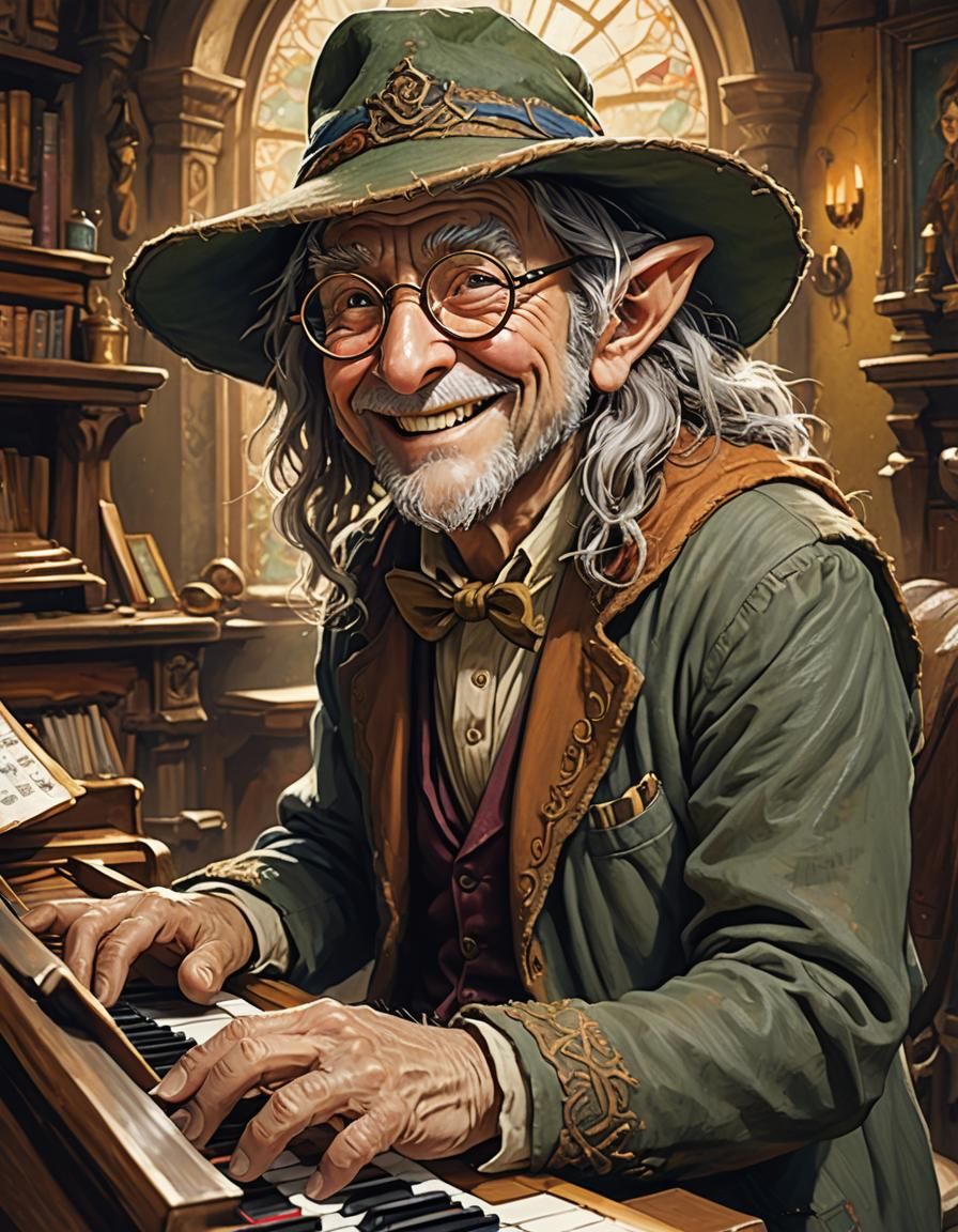 Happy Hobbit Plays Piano: Hyperrealistic Splash Art