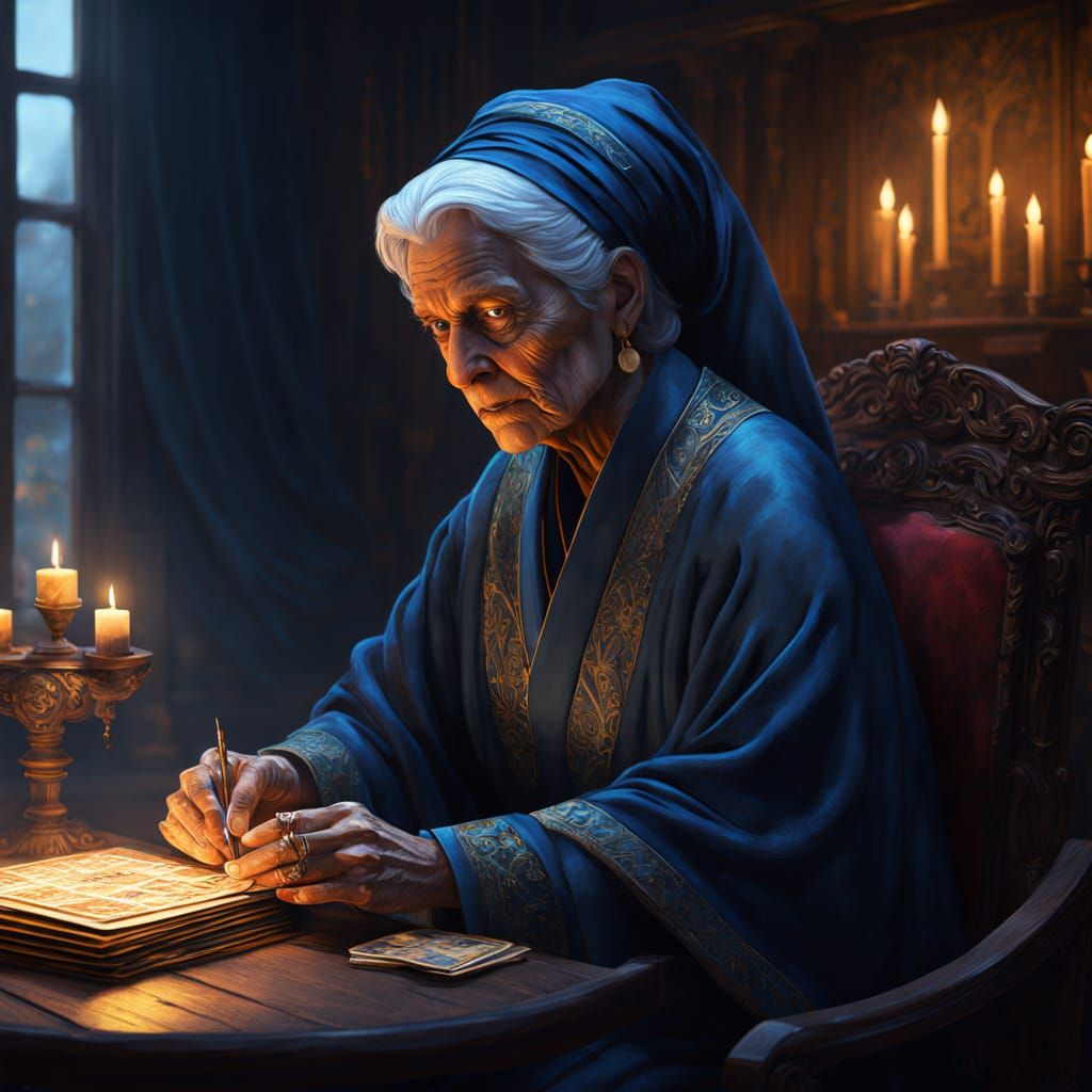 Mystical Tarot Reader in Candlelight, Fantasy Concept Art