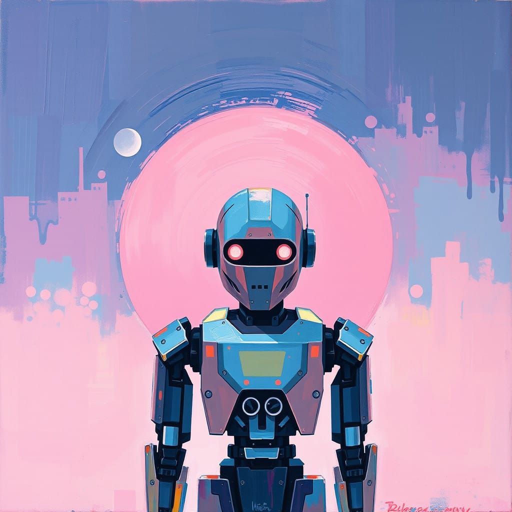 Vibrant Neo-Expressionist Oil Painting of Lonely Robot in Di...