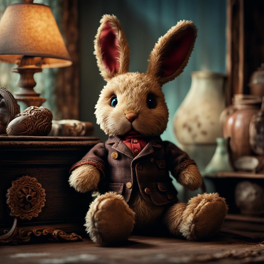 Threadbare Stuffed Bunny Plush Toy on Dresser