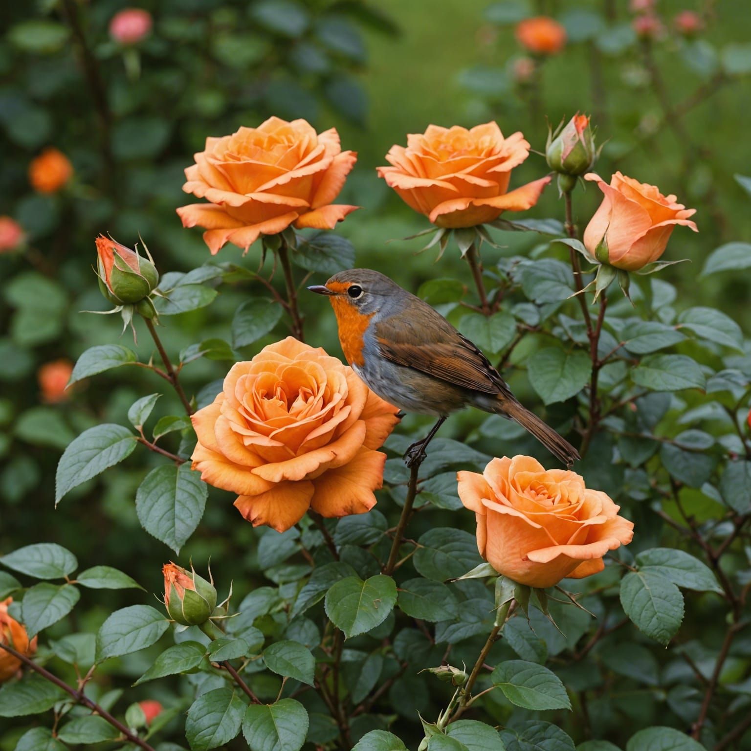 Robin Among Orange Roses in Bloom