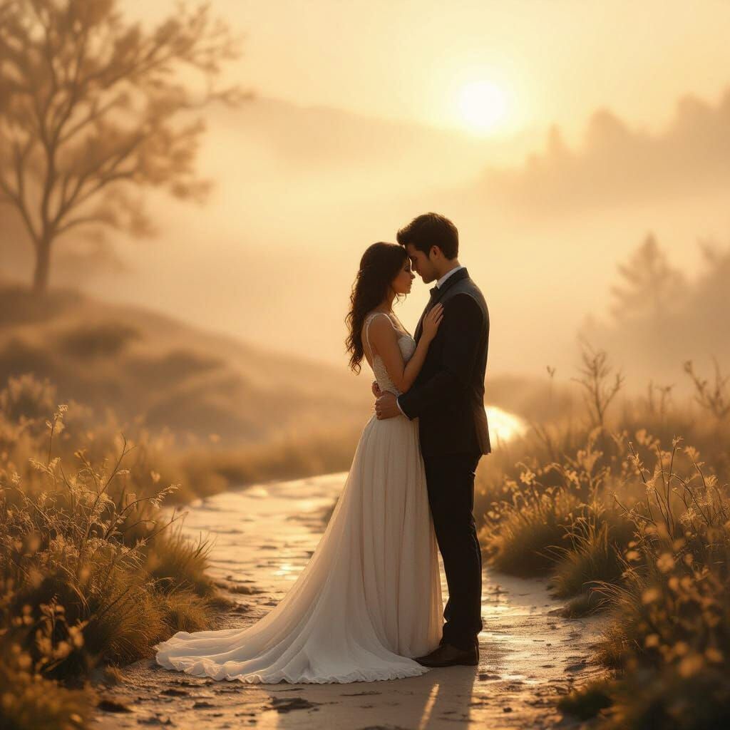 Intimate Lovers on Misty Path at Dawn, Romantic Digital Pain...