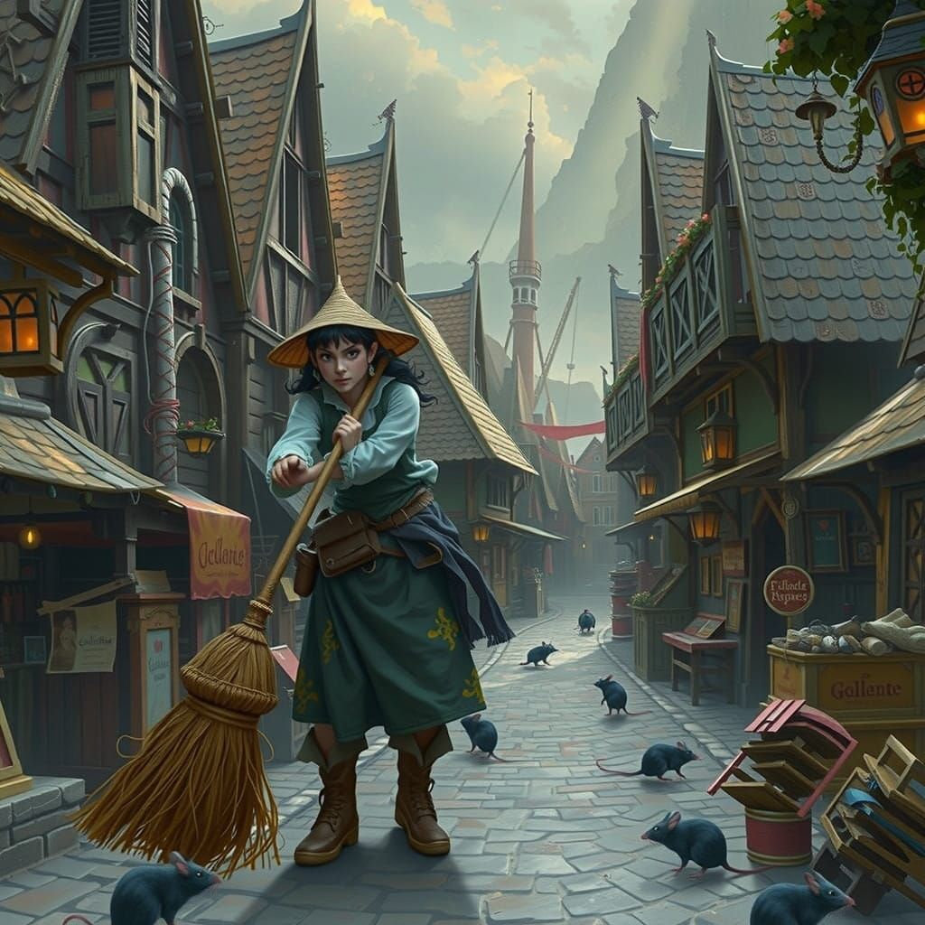 Medieval Shopkeeper Battles Rats with Golden Broom in Vibran...