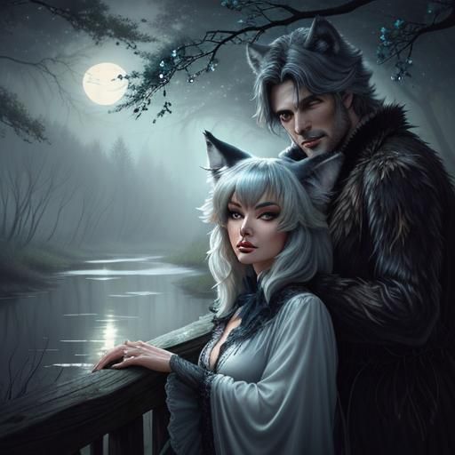 Wolfman and Woman in Moody Watercolor Painting