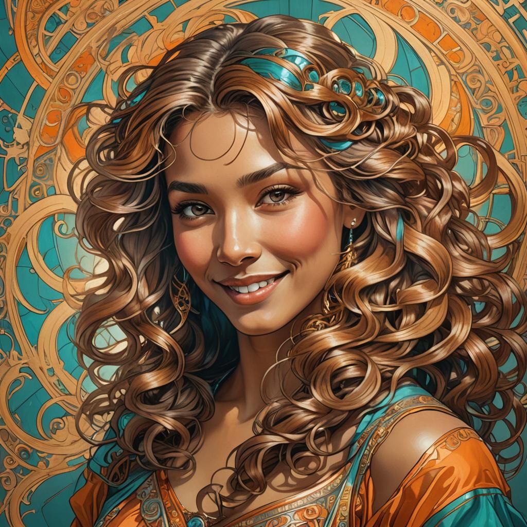 Woman with Sizzling Smile in Mucha-Style Portrait