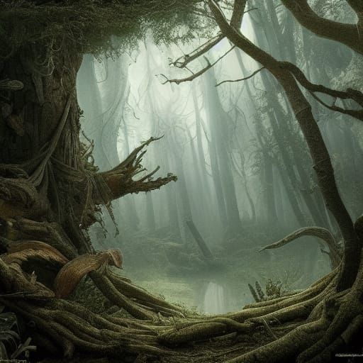 Lost Building in Atmospheric Woodland Digital Painting