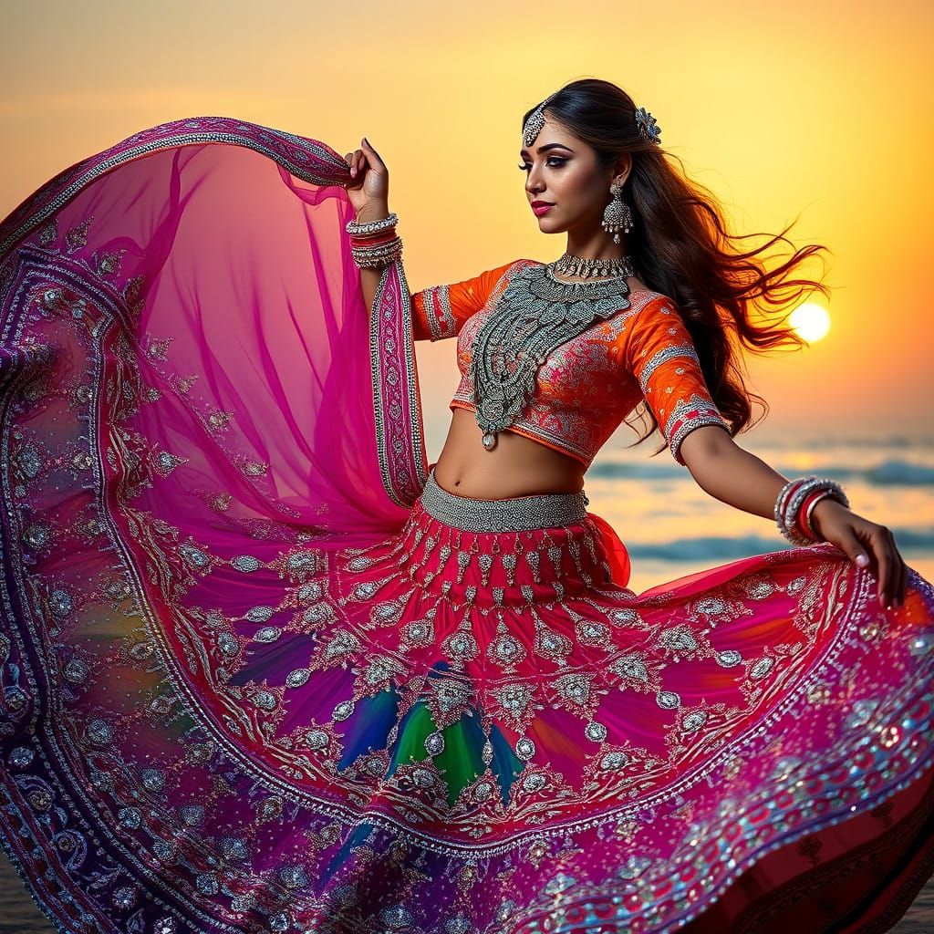 Ethereal Indian Woman in Traditional Lehenga, Showcasing Orn...