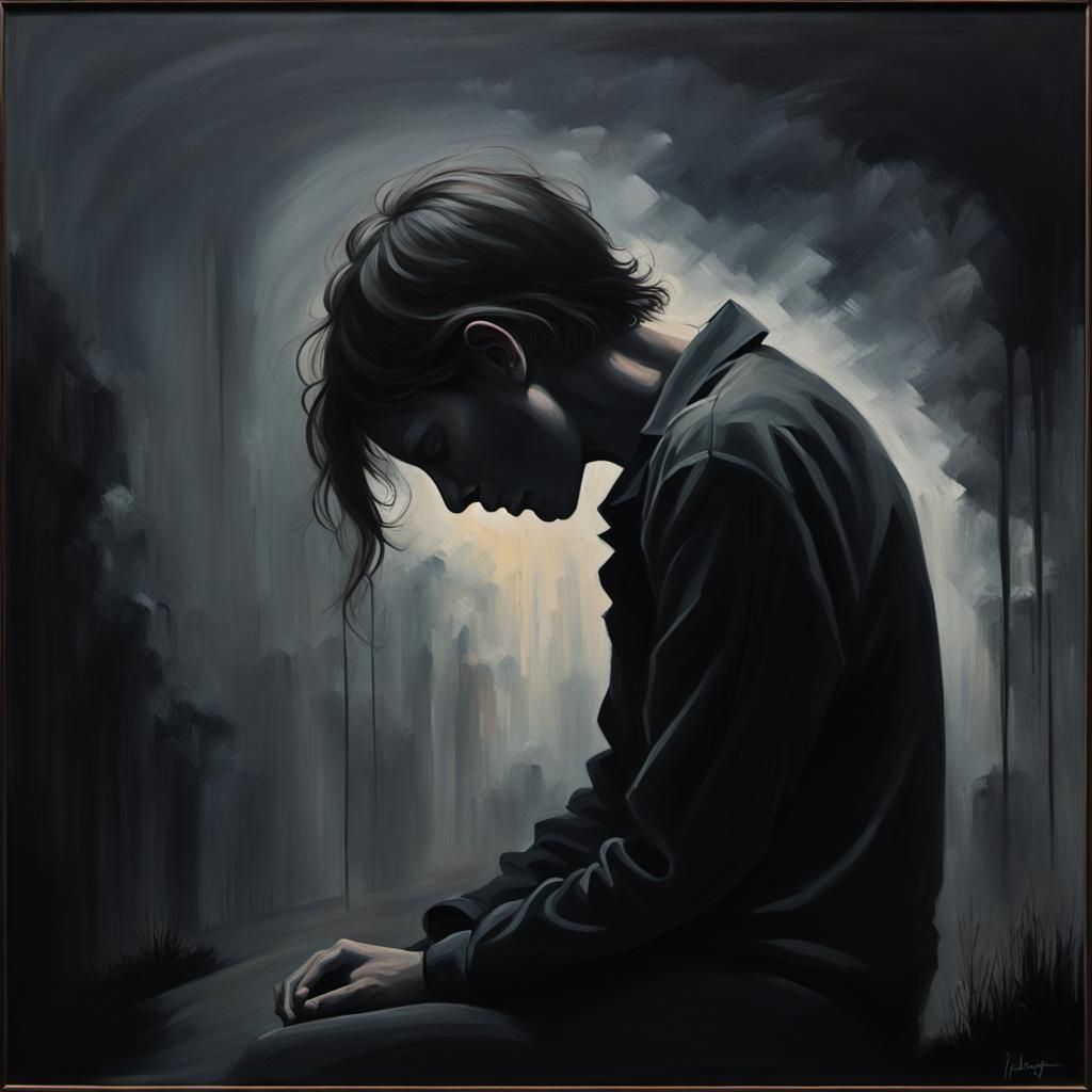 Depression Silhouette in Gloomy Impressionistic Painting