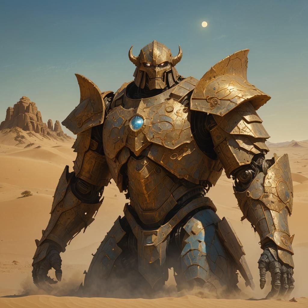 Armored Golem in Desert Sands, Surreal Fantasy Art