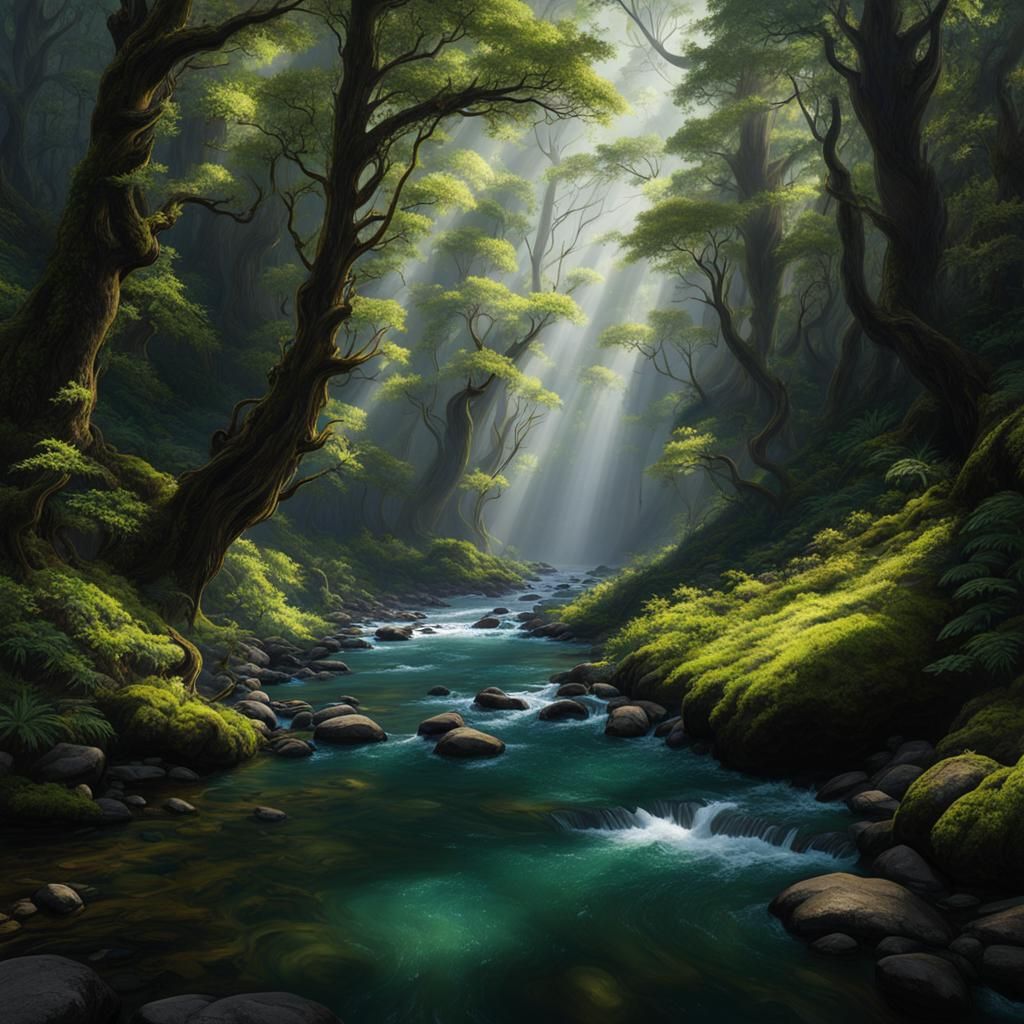 Fantasy River Through Alpine Forest with Hidden Depths