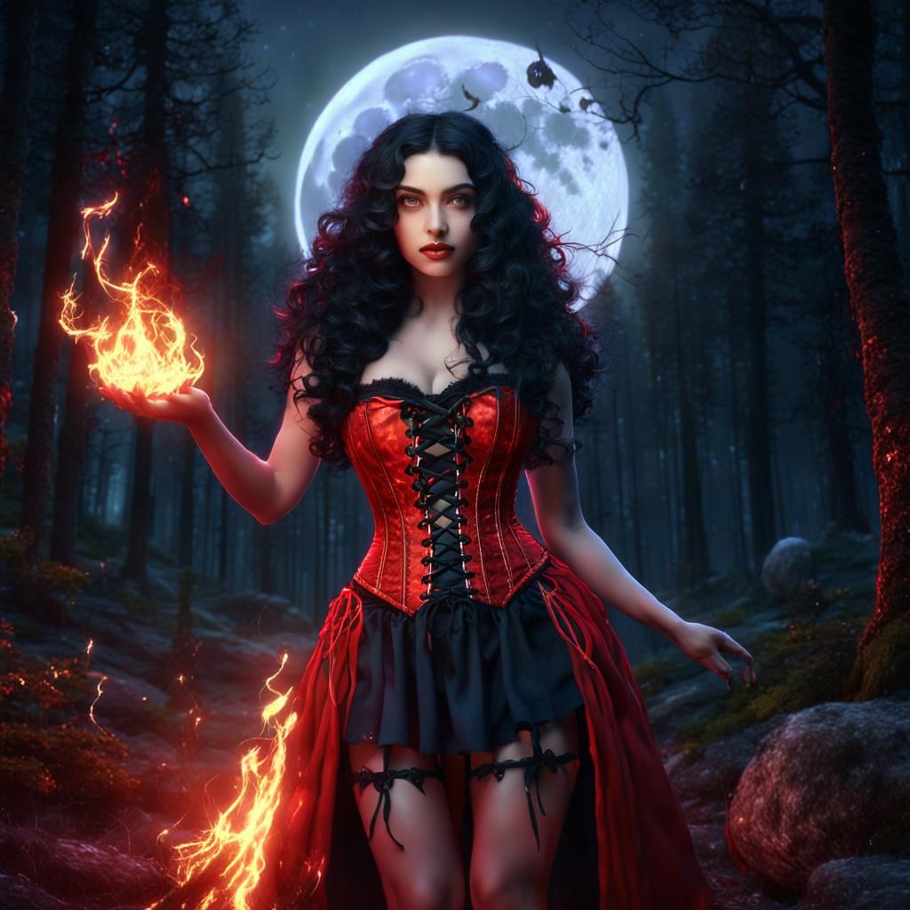 Sorceress Witch Casting Spells at Midnight in Fantasy Art