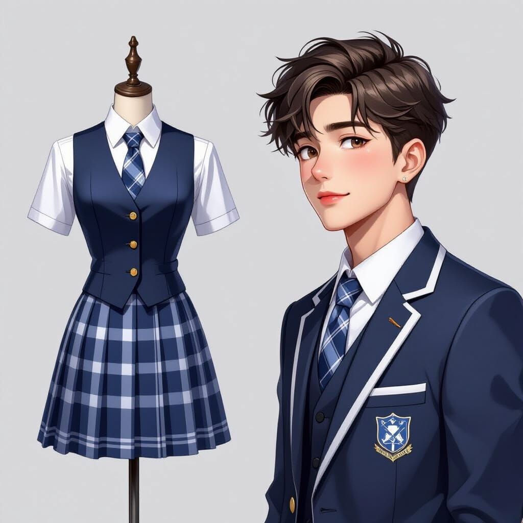 Young Man in School Uniform with Mannequin