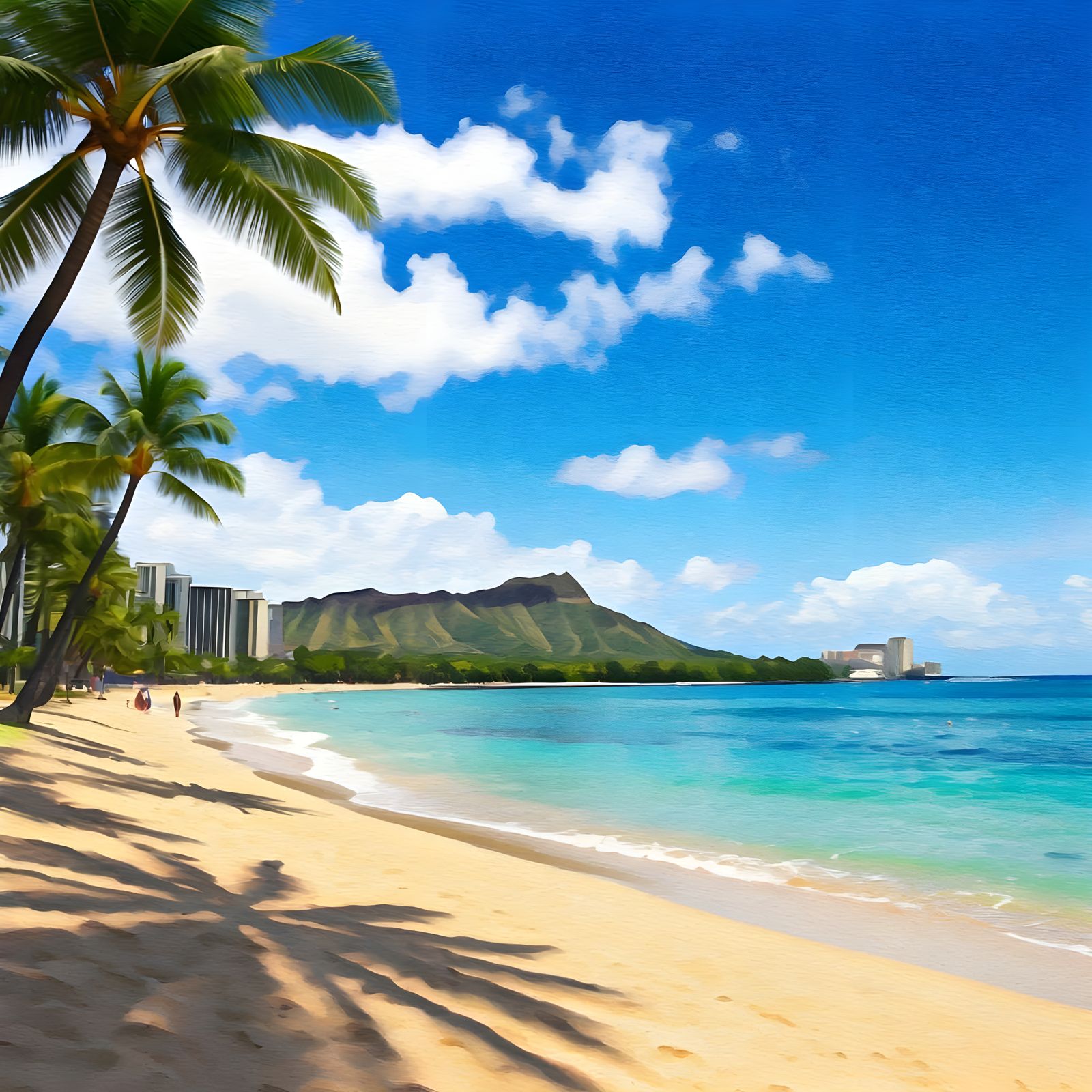 Serene Watercolour Depiction of Waikiki Beach at Sunset