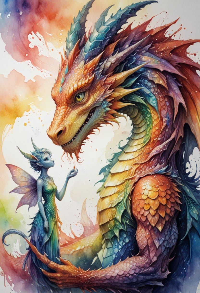 Dragon and Fairy Friends in Sketch and Watercolor