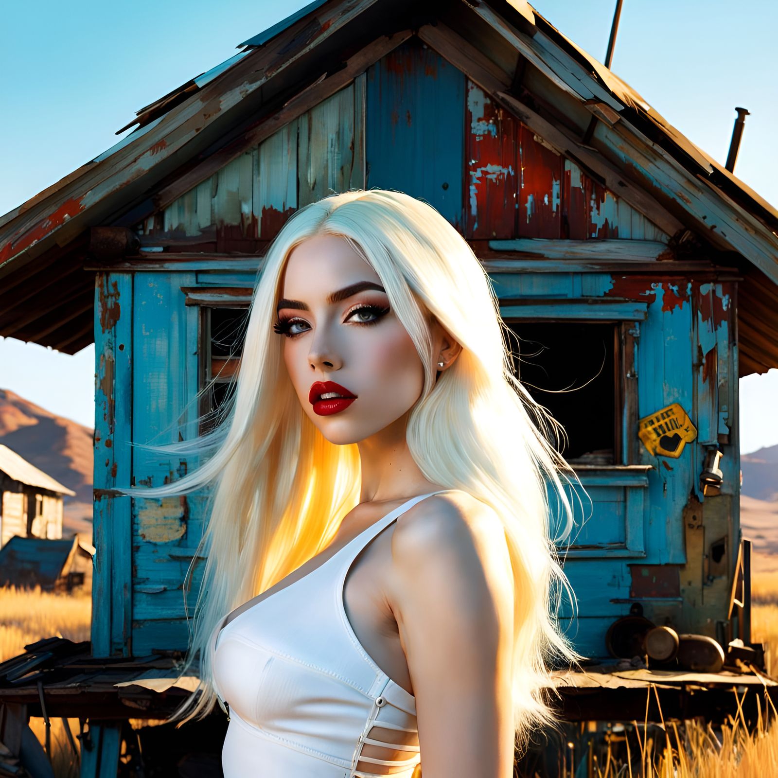 Glamorous Portrait Before Rustic Shack, Pin-Up Style