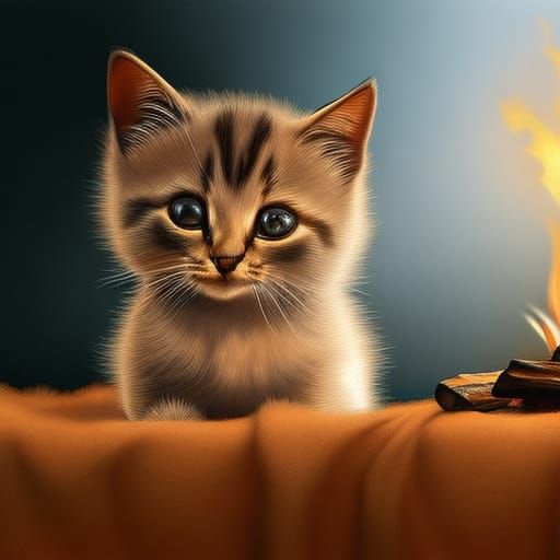 Cozy Kitten by Fire: Whimsical Tonalist Illustration