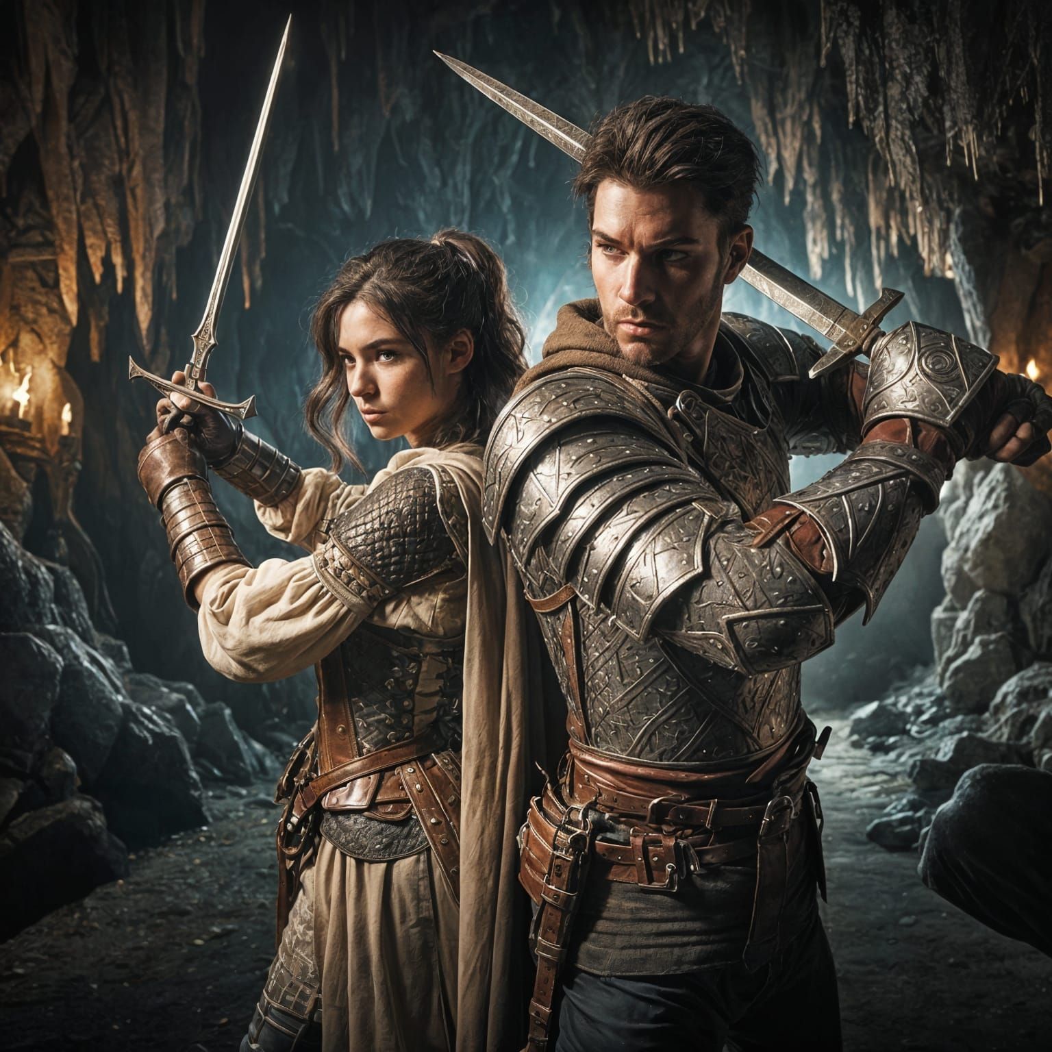 D&D Duo Ready for Combat in Dim Cave