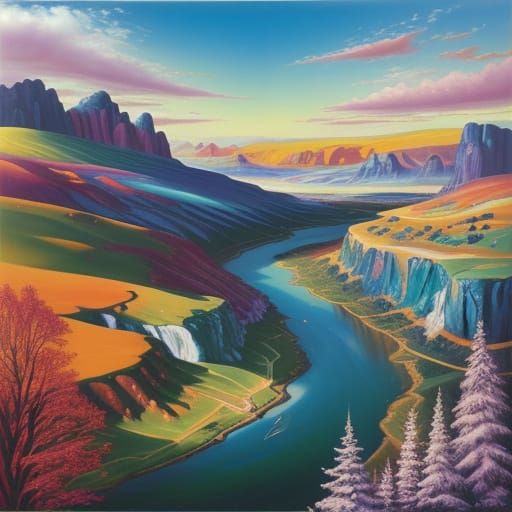 Surrealist Oil Painting of a Garish Landscape with Golden Ho...