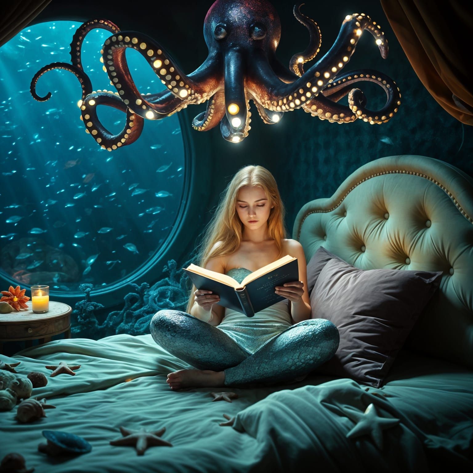 Mermaid Reading in Underwater Bedroom with Octopus Lamp