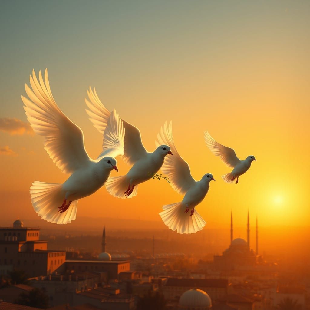 Serenely Soaring White Doves in Sunset Over Damascus