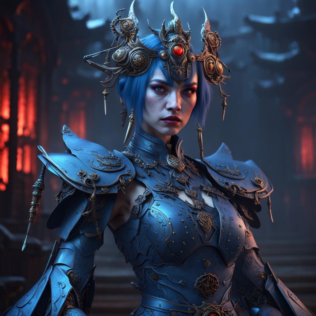 Blue Robot Vampire Samurai Queen in Detailed Matte Painting