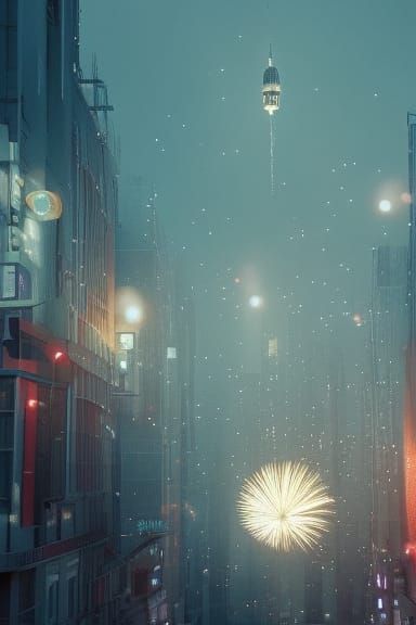 Spectacular Fireworks Display Over Cityscape, Anime Style