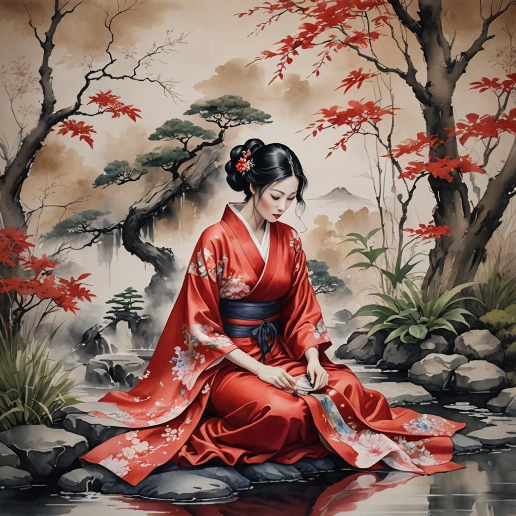 Oriental Woman in Zen Garden, Wet Ink Style