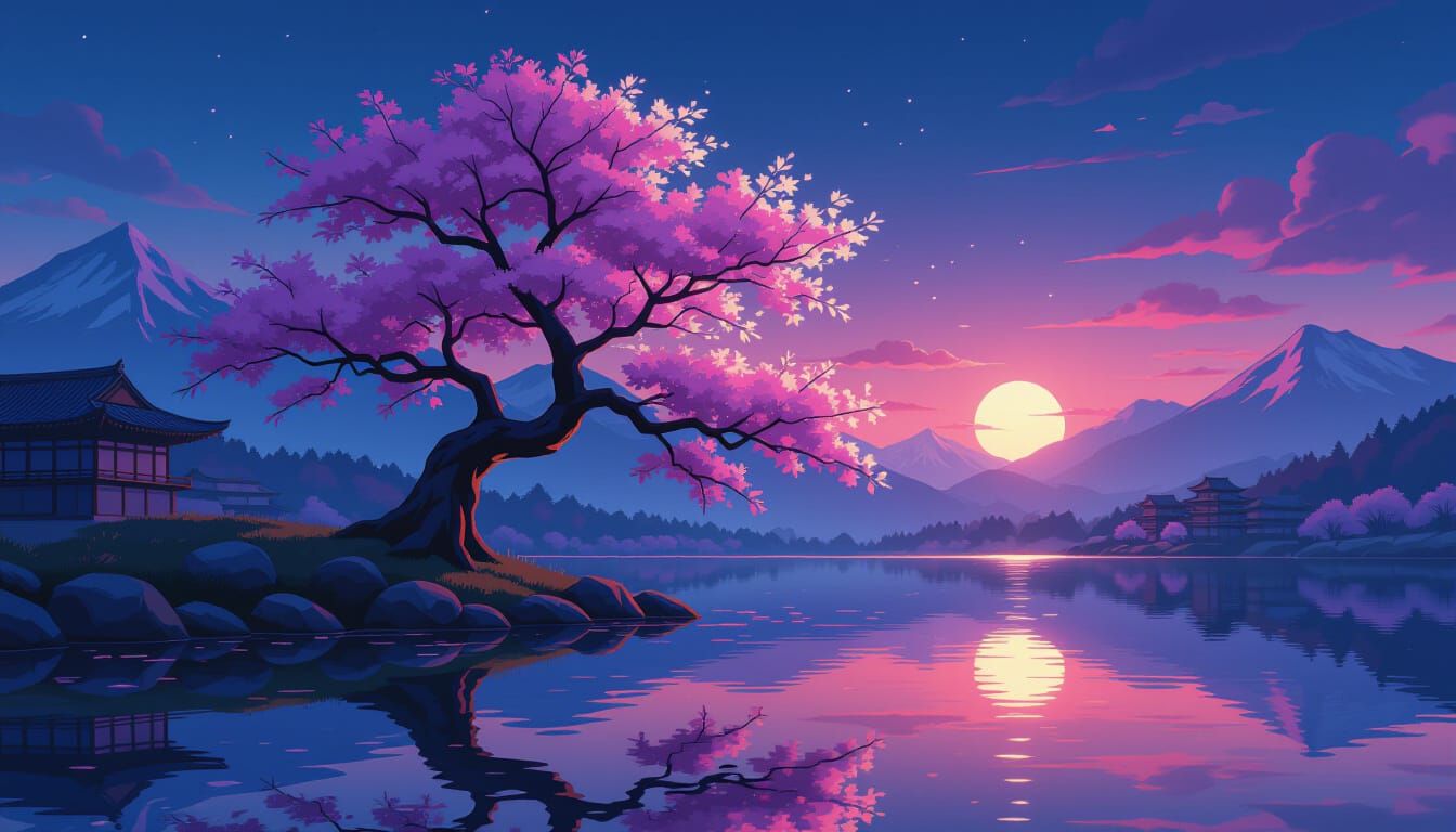 Sakura Tree Reflection in Synthwave Neon Style