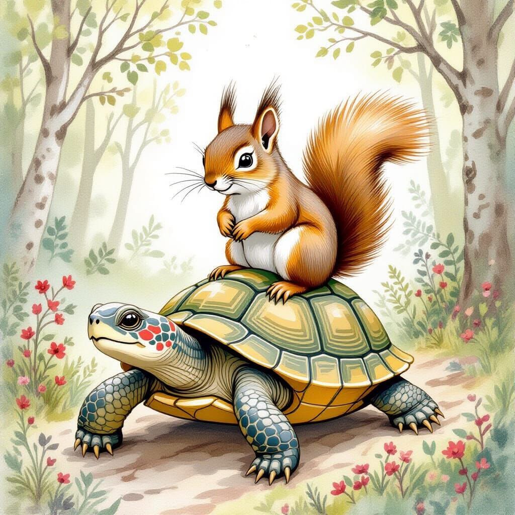 Squirrel Riding Turtle in Whimsical Forest