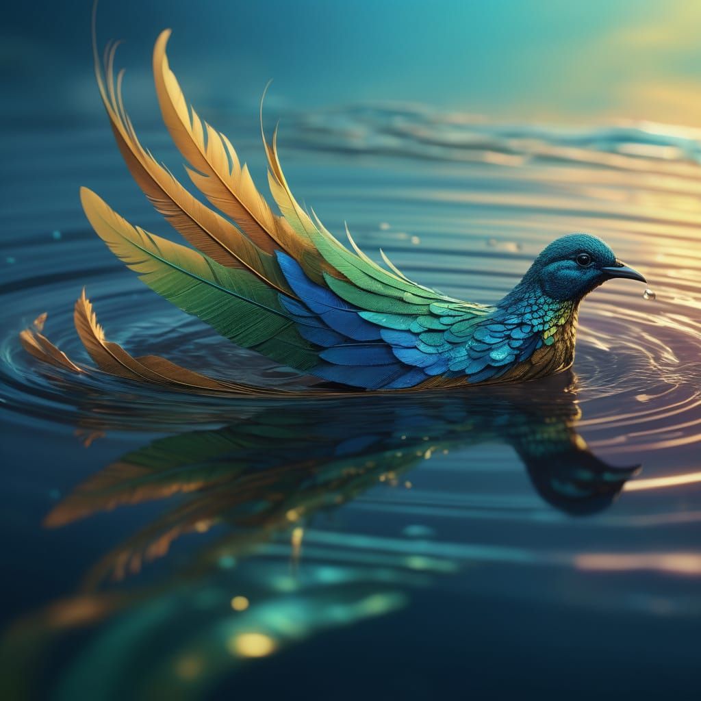 Surreal Liquid Bird Emerges from Droplet in Vibrant Oil Pain...