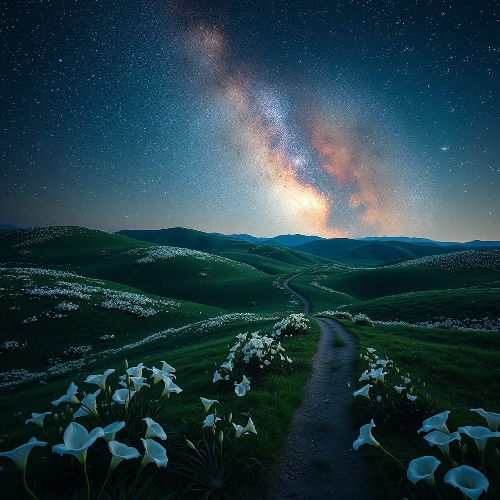 Starry Night Hills with Blooming Lilies and Calla Flowers