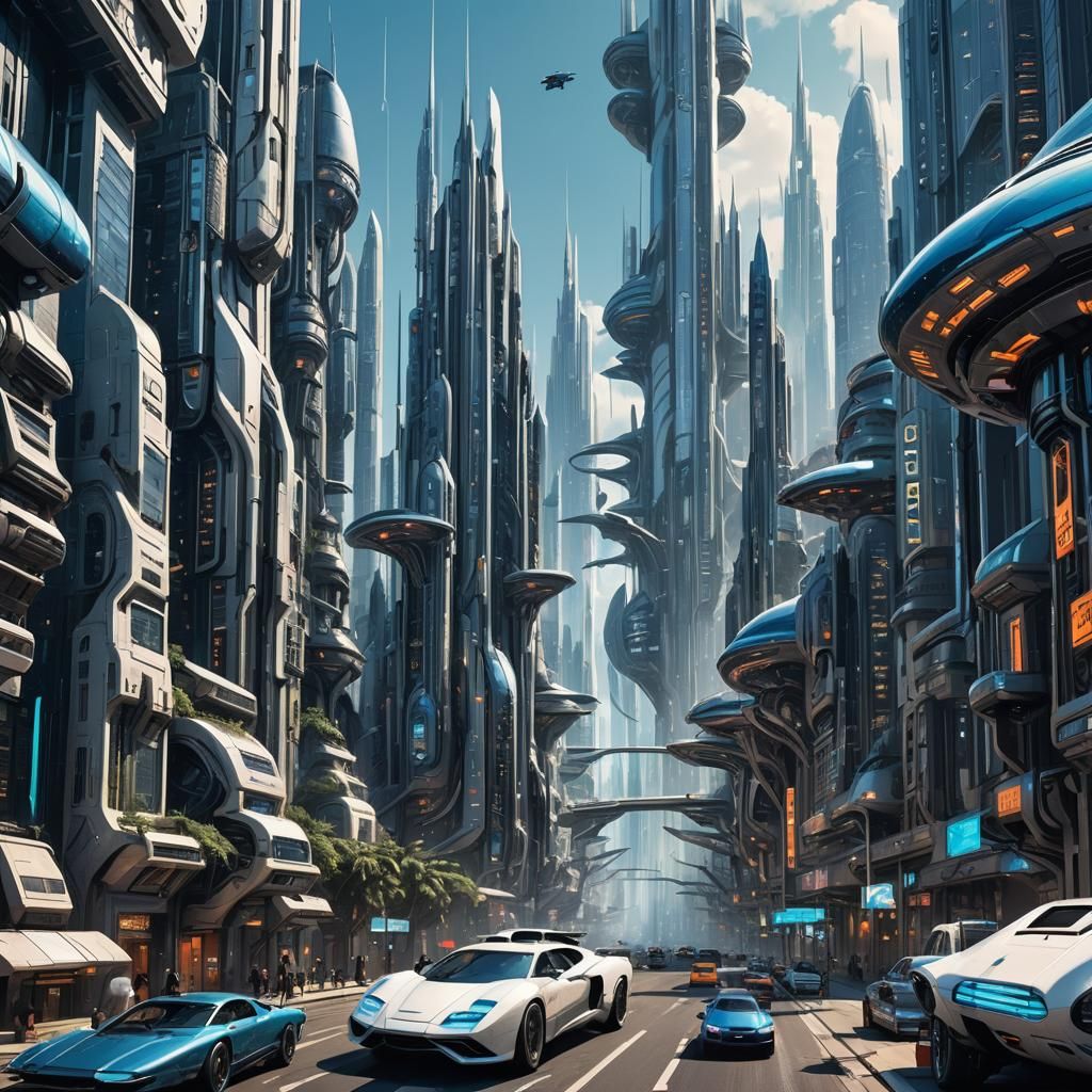 Retro-Futuristic Metropolis with Flying Cars and Skyscrapers
