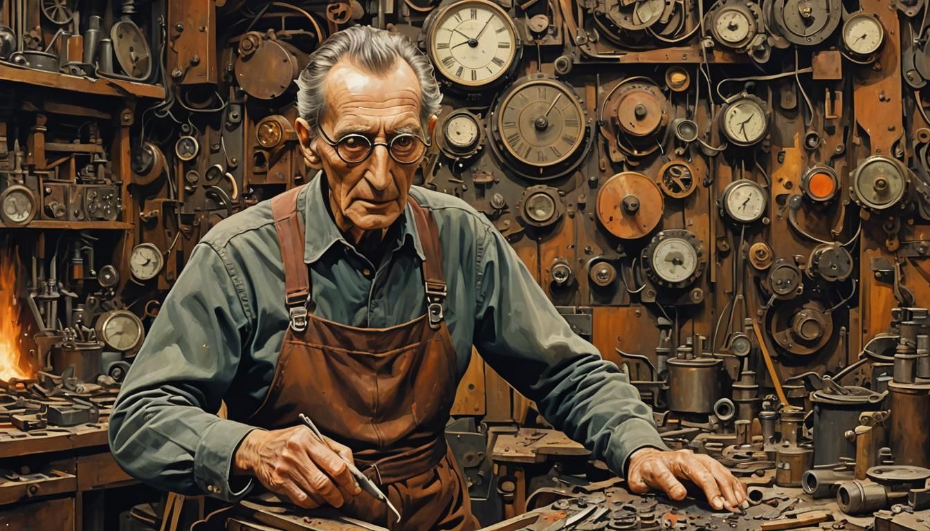 Peter Cushing as Clockmaker in Abstract Art Style