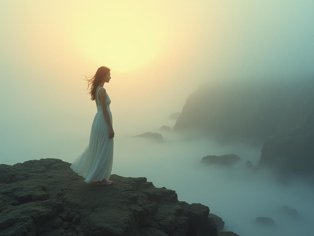 Woman on Coastal Cliff in Dense Fog