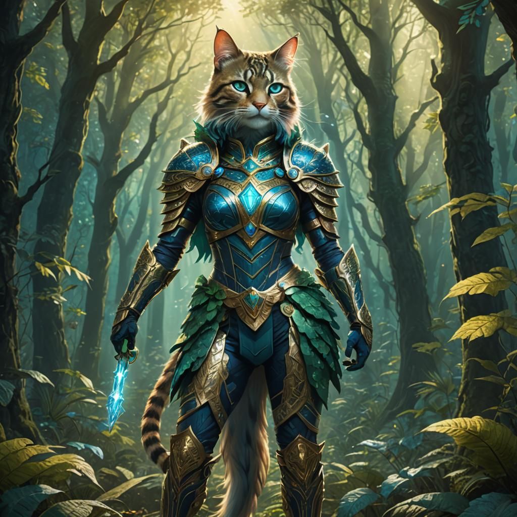 Heroic Cat-Human Hybrid in Mystical Forest